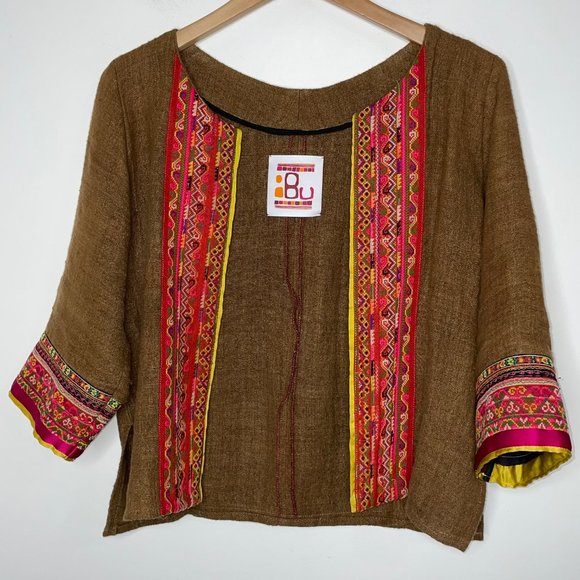 IBU Movement Embroidered Cropped Linen Brown Jacket Handmade - Picture 10 of 16